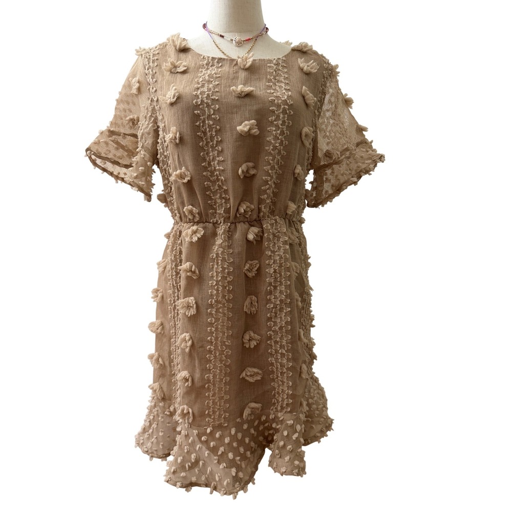 &merci Tan 3D Floral Pom Pom Textured Chiffon Mini Dress Womens Medium Boho